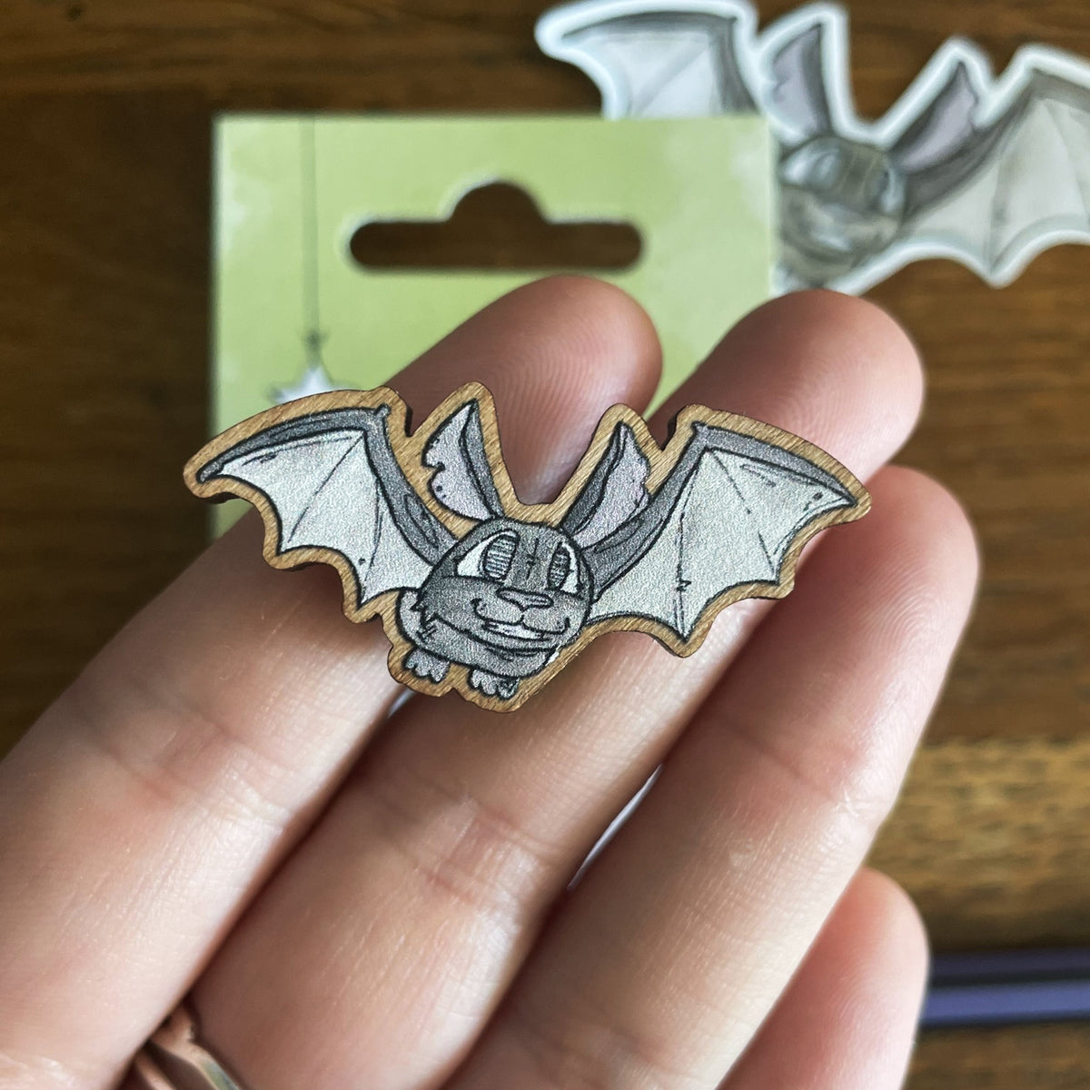 Bat Cherry Wood Pin badge