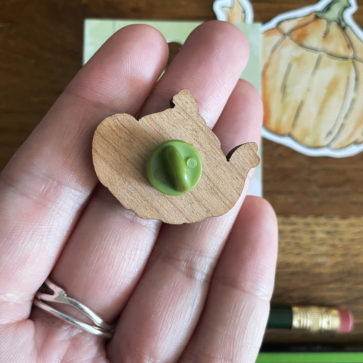 Pumpkin Cherry Wood Pin Badge